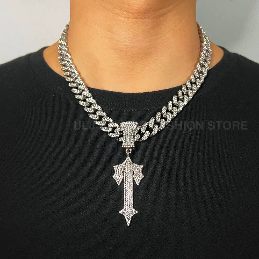 Iced Out Cross Sword Necklaces with 12mm Cuban Chain