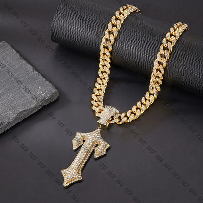 Iced Out Cross Sword Necklaces with 12mm Cuban Chain