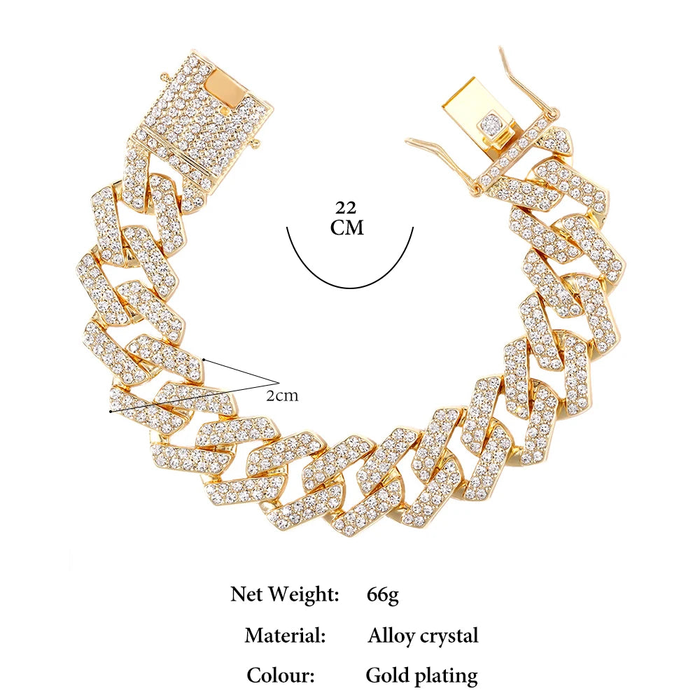 Iced Out Bling AAA Rhinestones Prong Cuban Link Chain Men's Necklace 2 Row Crystal Curb Cuban Chain Hip Hop Jewelry 13/14/20MM