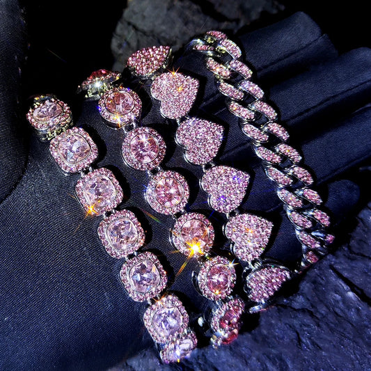 Iced Out Pink Cuban Bracelet Gold Silver Color Crystal Heart Circle Square Bracelet 4Pcs Set