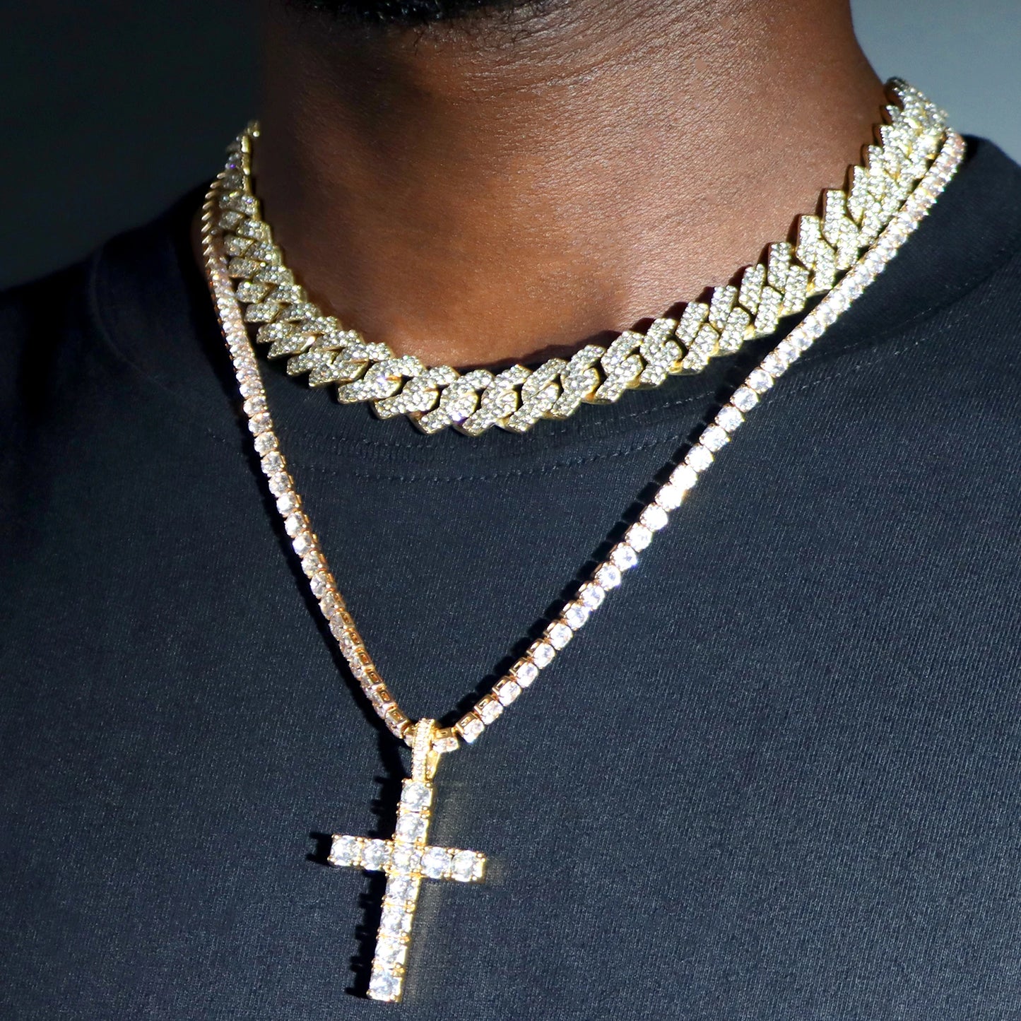 2pcs Cross Chain 14MM Prong Cuban Necklace Iced Out 2 Row Cuban Link