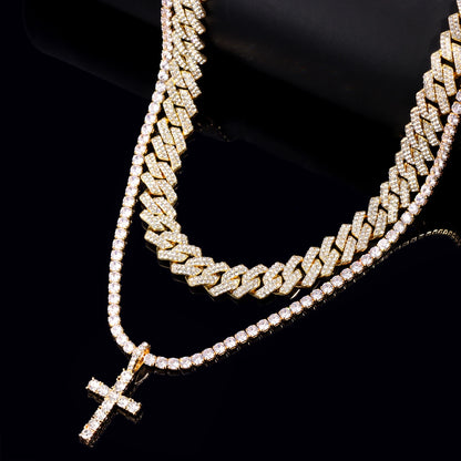 2pcs Cross Chain 14MM Prong Cuban Necklace Iced Out 2 Row Cuban Link