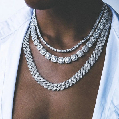 Iced Out Bling Rhinestones Paved Cuban Link Chain Tennis Necklace Women Men 13/14MM Prong Rapper Necklace Hip Hop Rock Jewelry