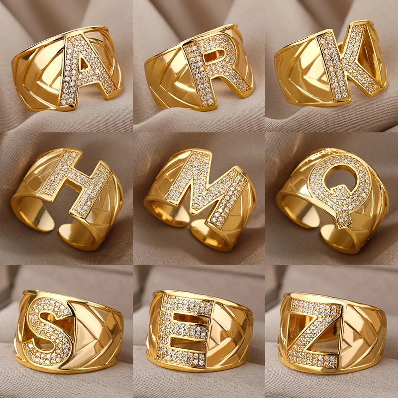 Chunky Wide Zircon Initial Letter Rings Stainless Steel Opening Finger