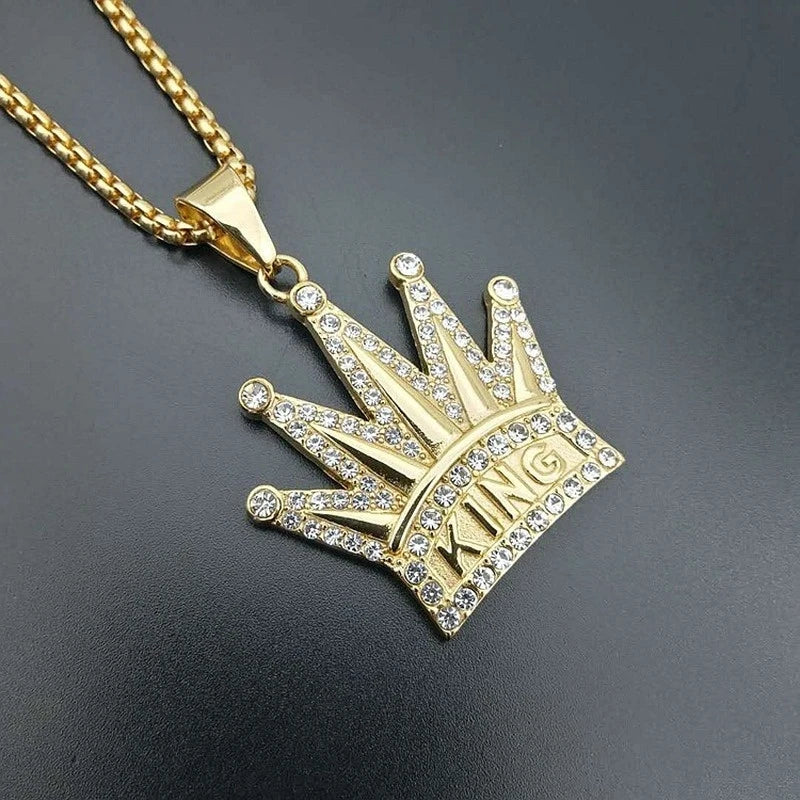 King Crown Pendant Necklace Gold Plated Rhinestones