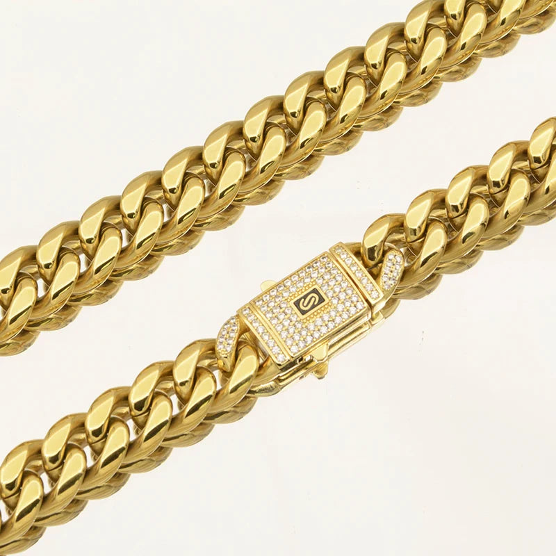 Hip Hop Bling Iced Out Gold Color Stainless Steel CZ Cuban Miami Chain Necklace Link Chain for Men Rapper Jewelry