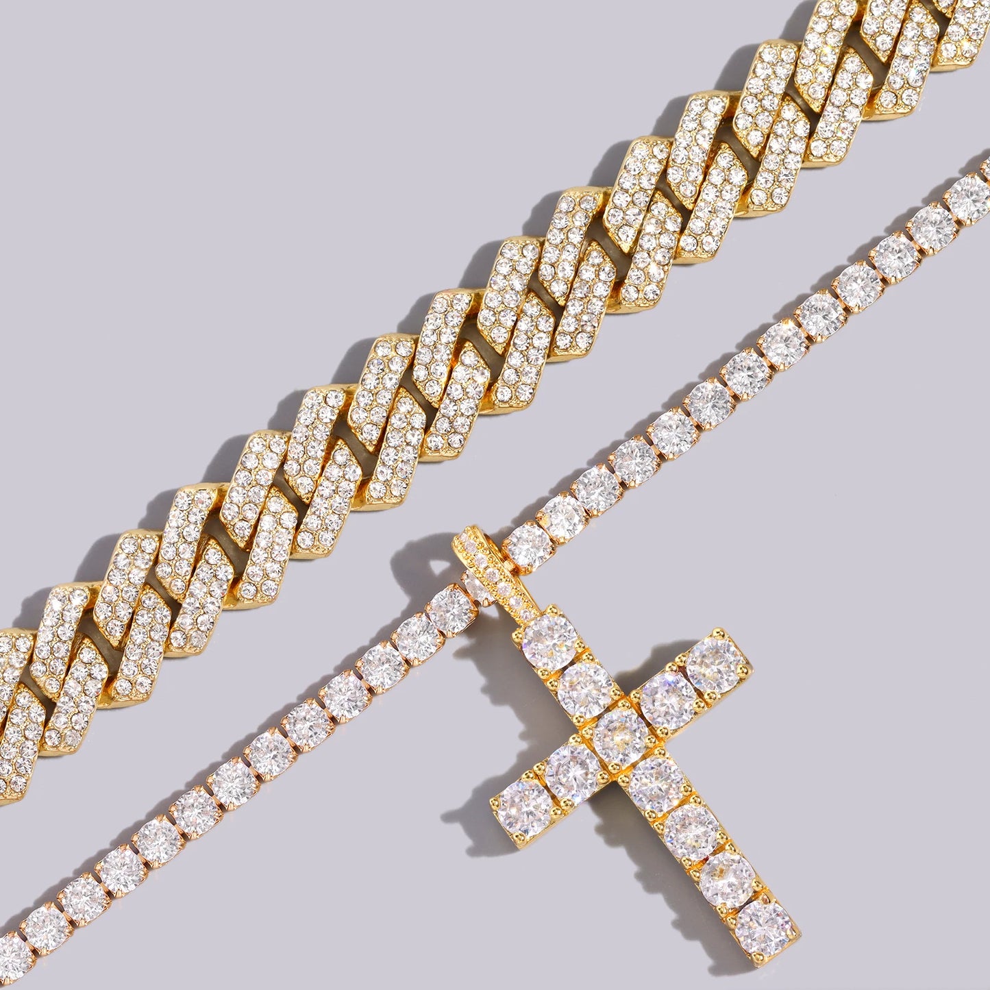 2pcs Cross Chain 14MM Prong Cuban Necklace Iced Out 2 Row Cuban Link