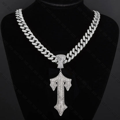 Iced Out Cross Sword Necklaces with 12mm Cuban Chain