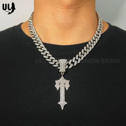 Iced Out Cross Sword Necklaces with 12mm Cuban Chain