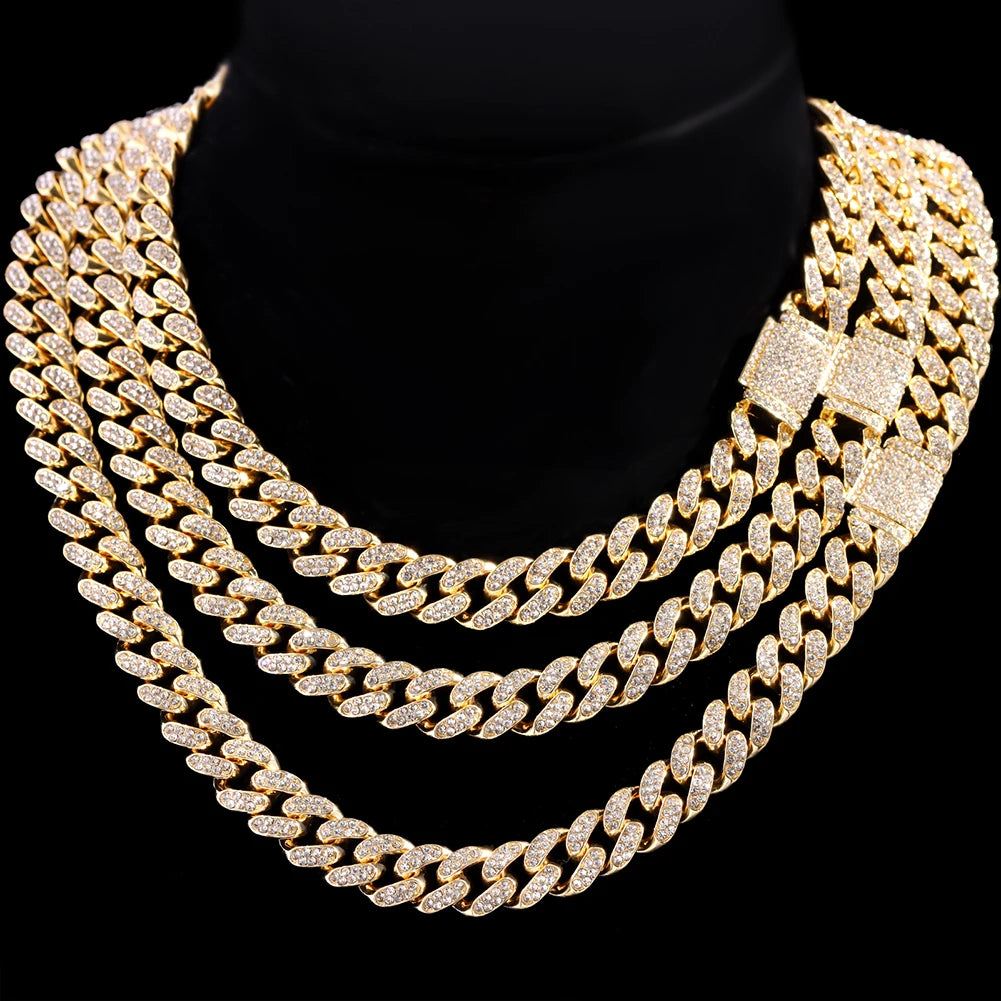 Iced Out Bling AAA Rhinestones Prong Cuban Link Chain Men's Necklace 2 Row Crystal Curb Cuban Chain Hip Hop Jewelry 13/14/20MM