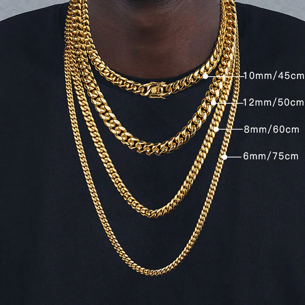 6mm/8mm/10mm/12mm Hip-Hop High Polished Gold Color 316L Stainless Steel Curb Cuban Link Chain Necklace Gift For Men Jewelry